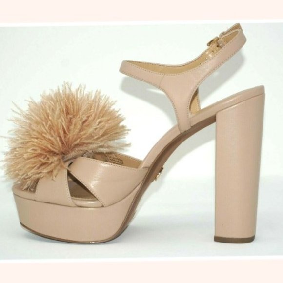 Michael Kors Fara Nude Leather Pom Pom Feather Platform Sandals Shoes Size 10 - Picture 5 of 8